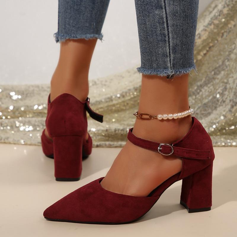 Ladies Shoes Ankle Buckle Strap Women's High Heel Elegant Dress Pumps Women Pointed Toe Solid Chunky Heels Shallow Sandals