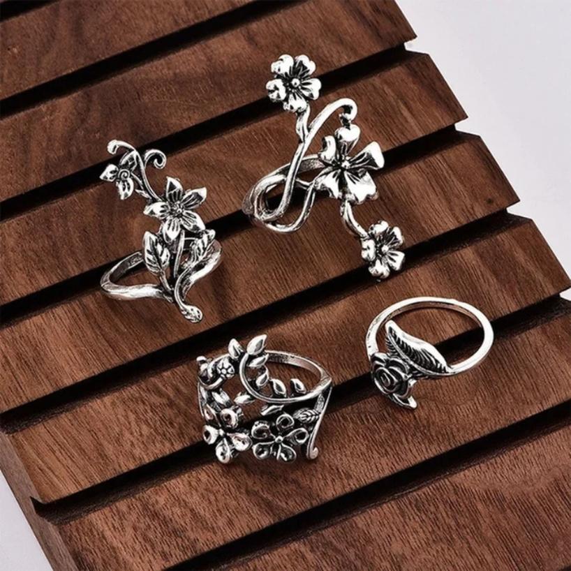 4 Pieces/set New Popular Women's Fashion Retro Personality Ancient Silver Forest Vine Leaf Flower Hollow Ring Set