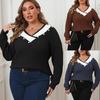 Imitation Pearl Bead Top European and American Large-size Women's Clothing Contrasting Color Splicing Large V-neck Loose Woven Sweater Sweater