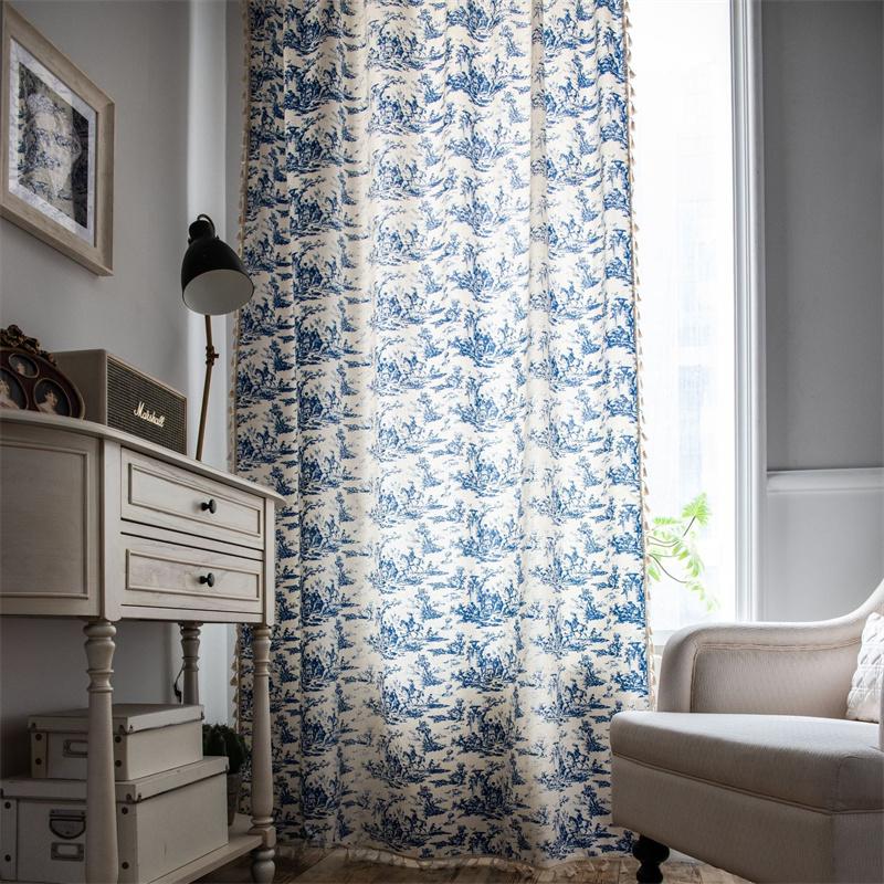 Couture Country Vorhänge - Indigo Botanischer Druck auf Bio-Leinen | Lichtstreuende Voiles mit handgefertigten Fransen für Chef-Speisekammern