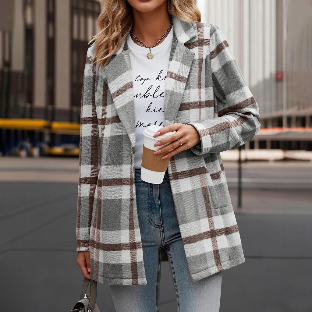 Women's Casual Fashion  Plaid Shirt Medium Woolen Coat