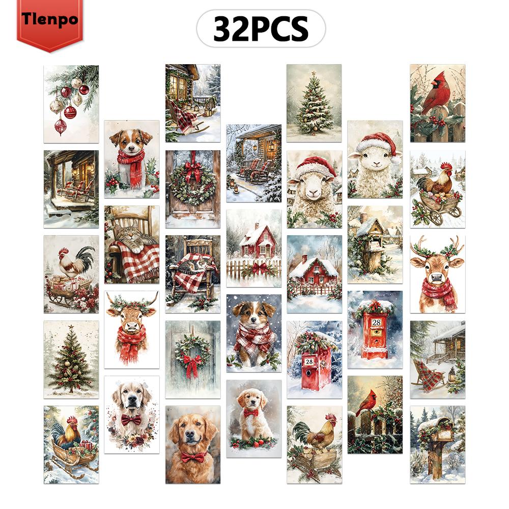 32pcs, Vintage Christmas Postcards, Christmas, Birthday/Anniversary Gifts, Collectibles, Perfect for Gifting, Mail-Ready.