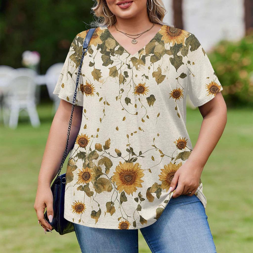 Damska Modna Codzienna Luźna Bluzka Plus Size z Krótkim Rękawem Elegancka z Dekoltem V Do Pracy