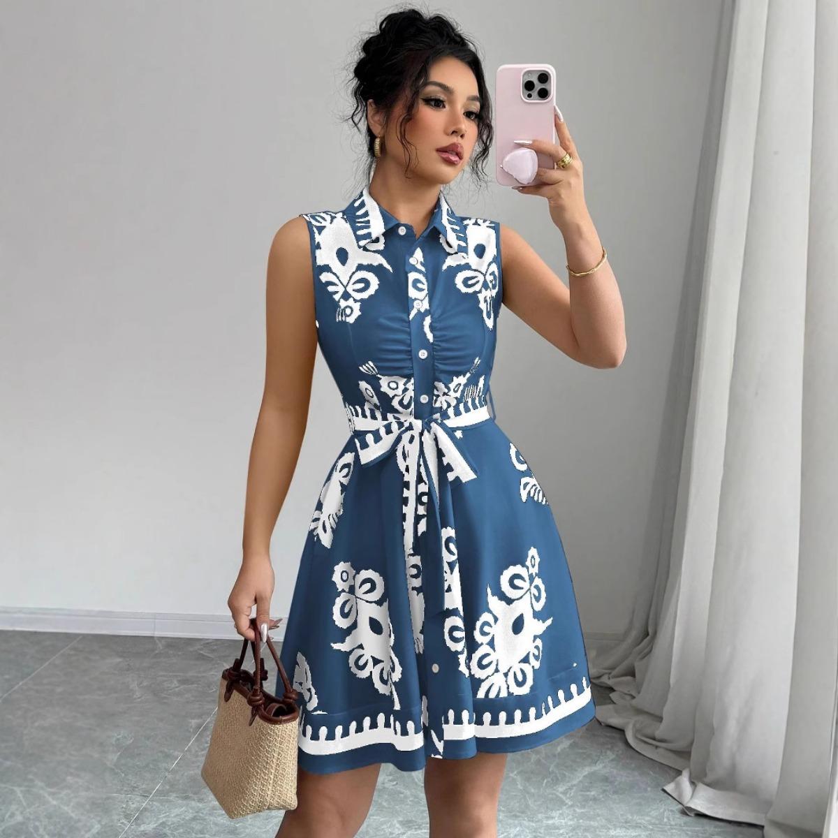 

Summer New Fashion Printed Waist Cinched Tie Belt Sleeveless Dress for Women, European & American Style Casual Dresses for Crossborder S