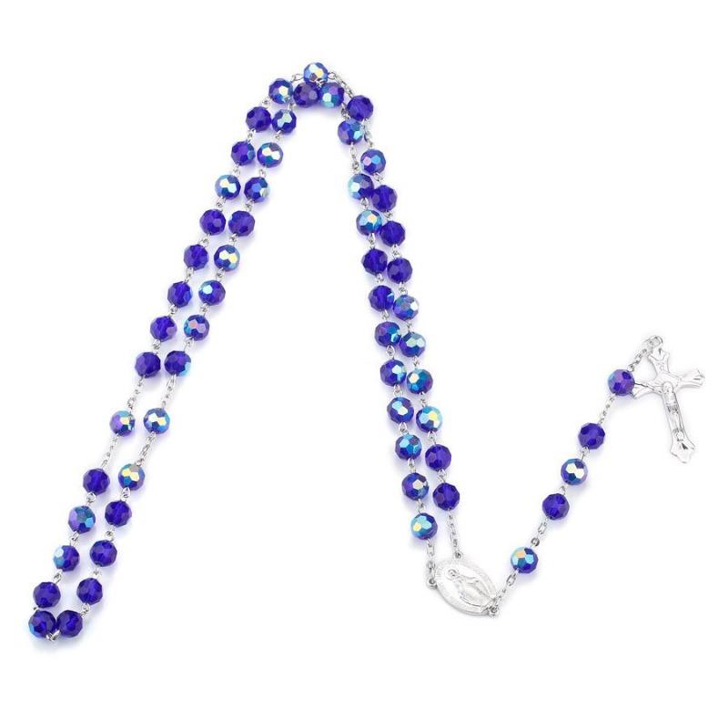 Dark Blue Glass Crystal Catholic Rosary Necklace Virgin Christ Cross Rosary Necklace