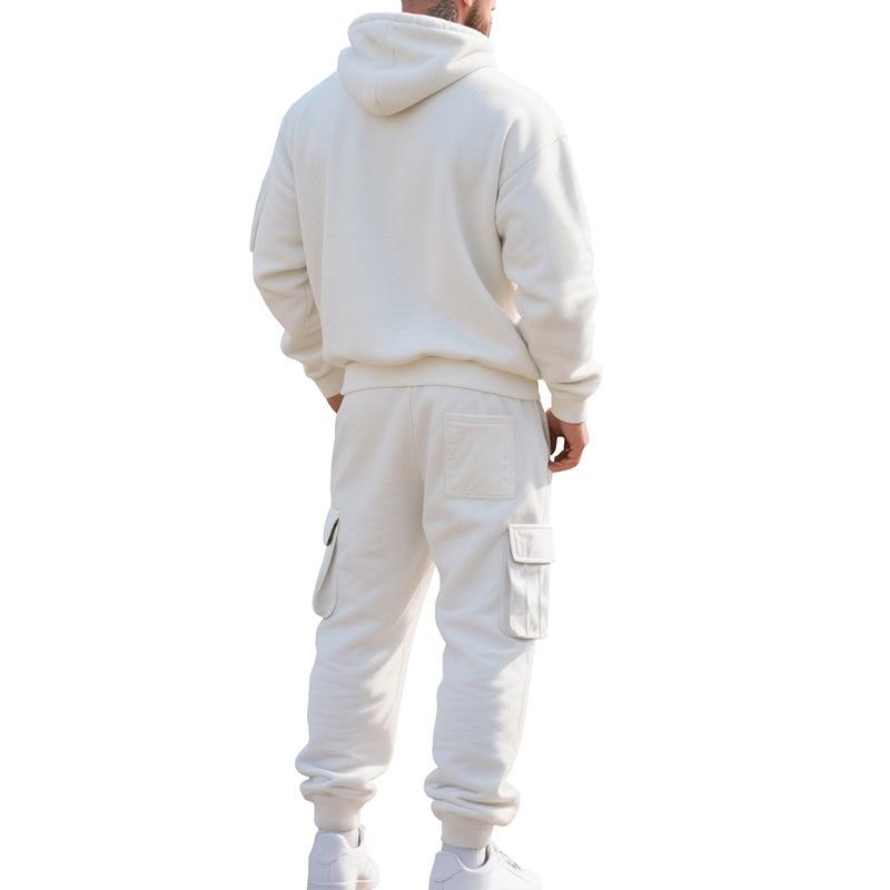 Mens Warm Thick Multiple Pockets Hooded Sweatshirt And Cuffed Sweatpants Two Piece Sports Set