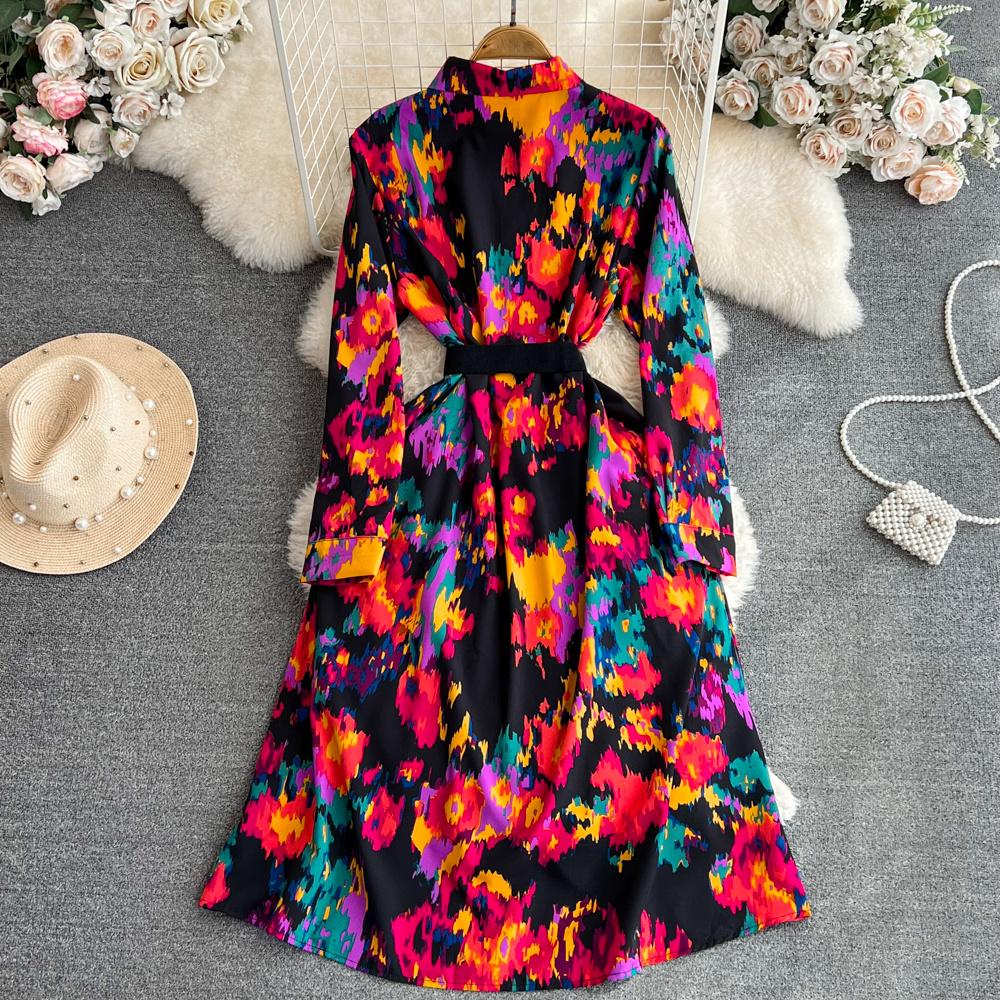 

Новое осеннее модное женское платье с цветочным принтом, однобортное однобортное трапециевидное платье с отложным воротником и длинными рукавами, винтажные вечерние платья миди One Size чёрный/оранжевый