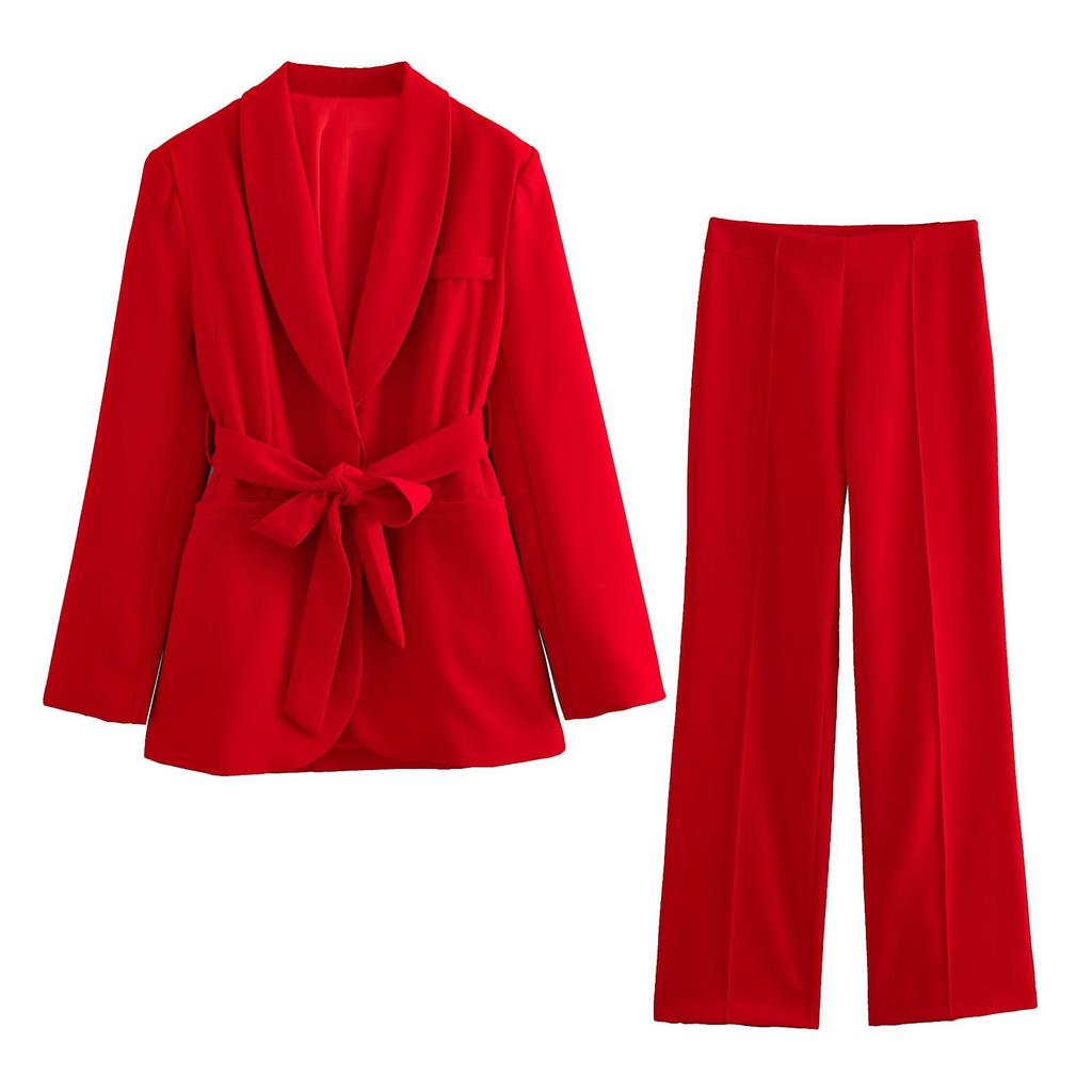 Büro Dame Weiß Blazer Anzüge Frauen Langarm V-ausschnitt Schärpen Blazer Hohe Taille Breite Bein Lange