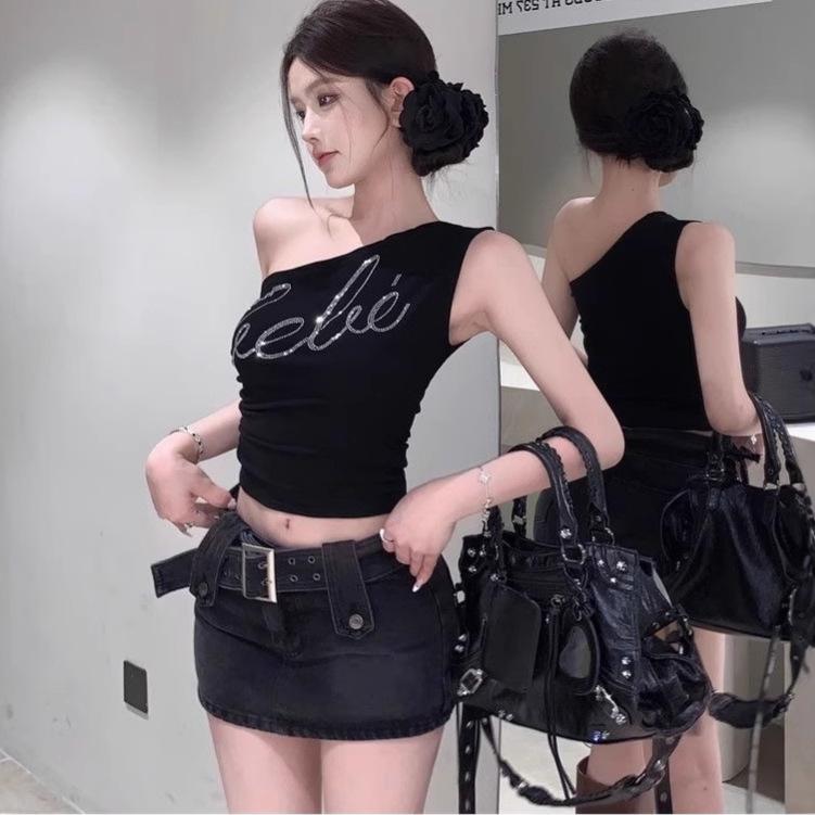 Pure & Sexy Rhinestone One-Shoulder Crop Top - Slimming Summer Tank for Women