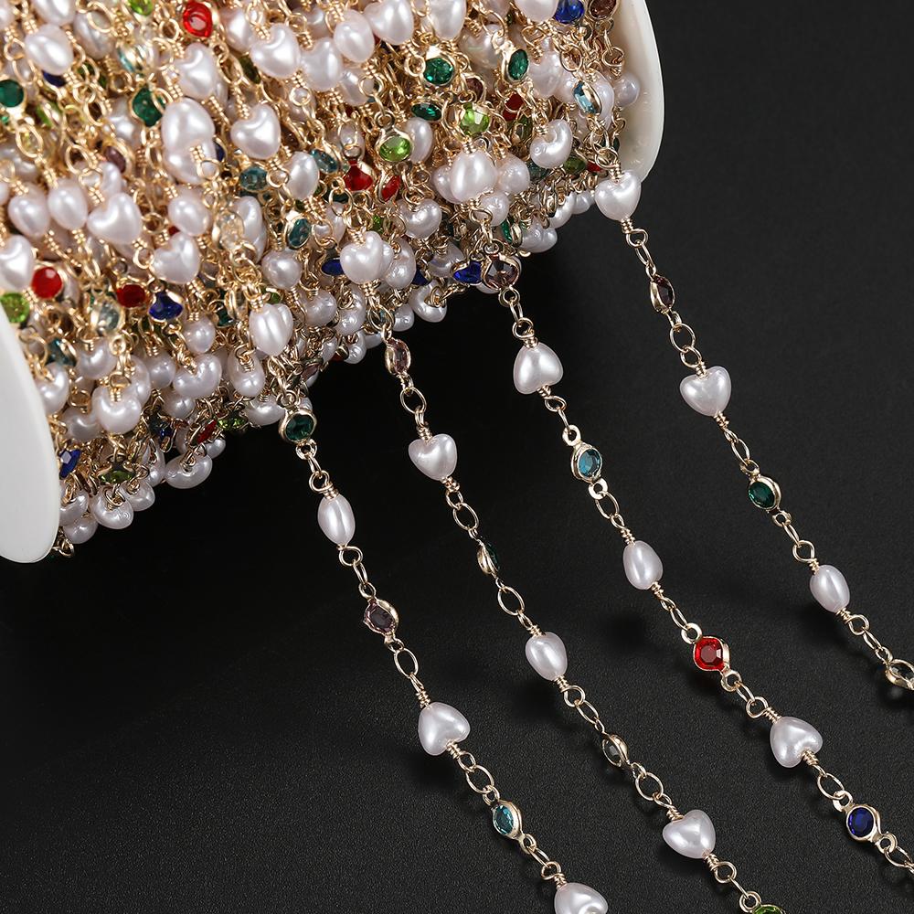 1m Copper Beaded Chain With Heart Shaped Artifical Pearls for Handmade DIY Necklace Bracelet Ankle Chains Jewelry Making Chain