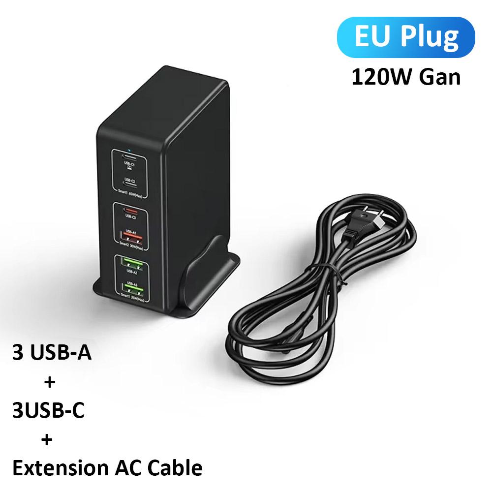 QC3.0 PPS PD 65W 6-Port Charge Gan 120W Charger Station 3C+3A For iPhone Samsung Xiaomi Smartphone Laptop Desktop Fast Charging