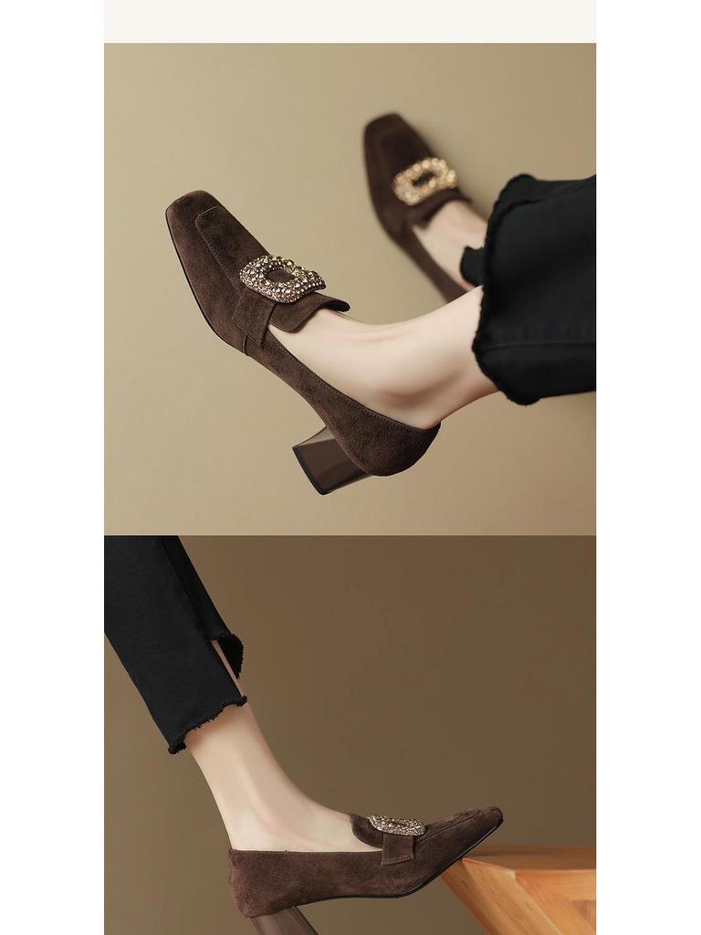 Women's Brown & Black Plush Lined Loafers: Velvet, Square Toe, Chunky Mid-Heel, Deep Mouth Design, Autumn/Winter.