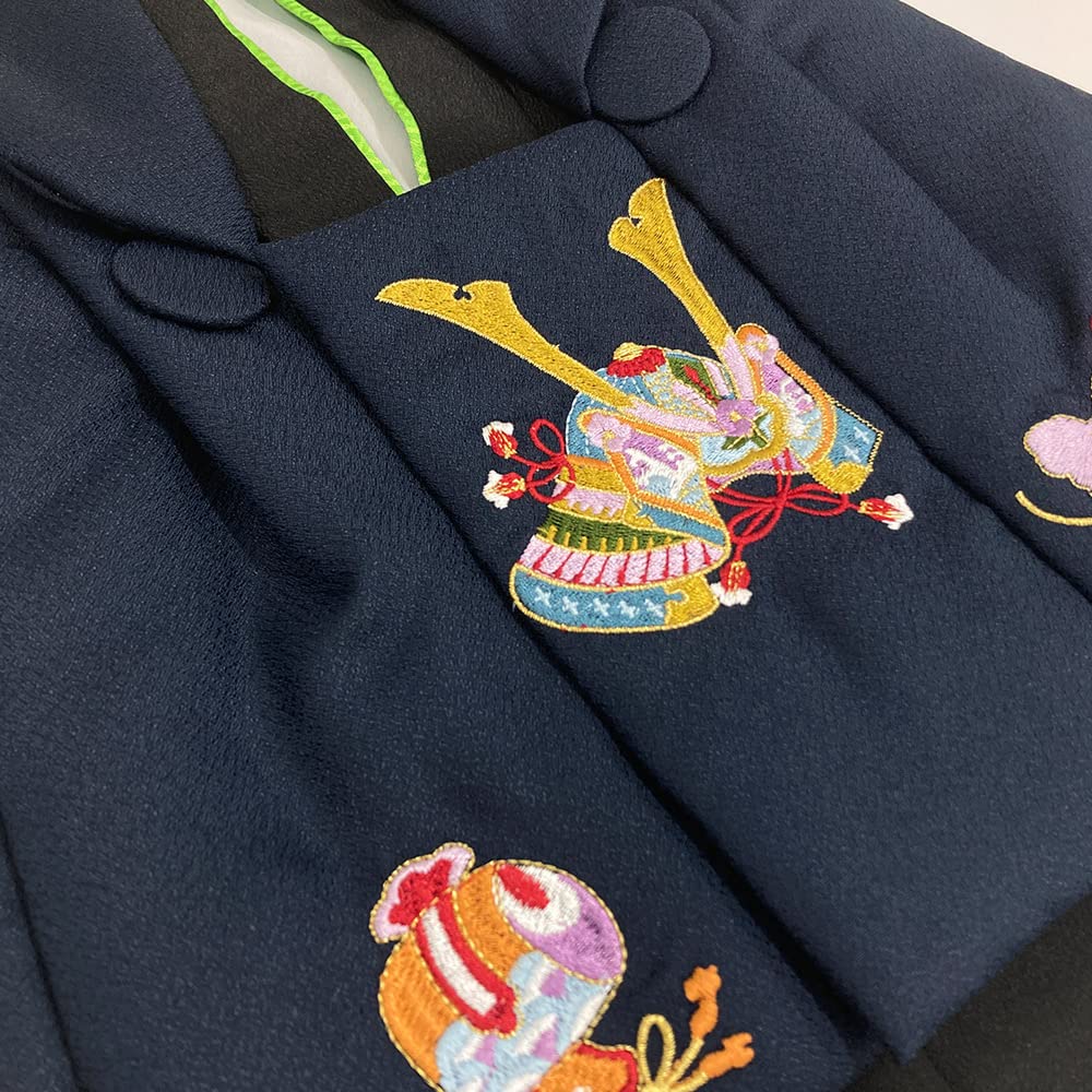 Kyoto Kimono Yuzen Kimono Set for First Meal, First Festival, Children's Day, Boys, Baby Kimono Ensemble (Black X Navy Blue (Kabuto) Pattern)