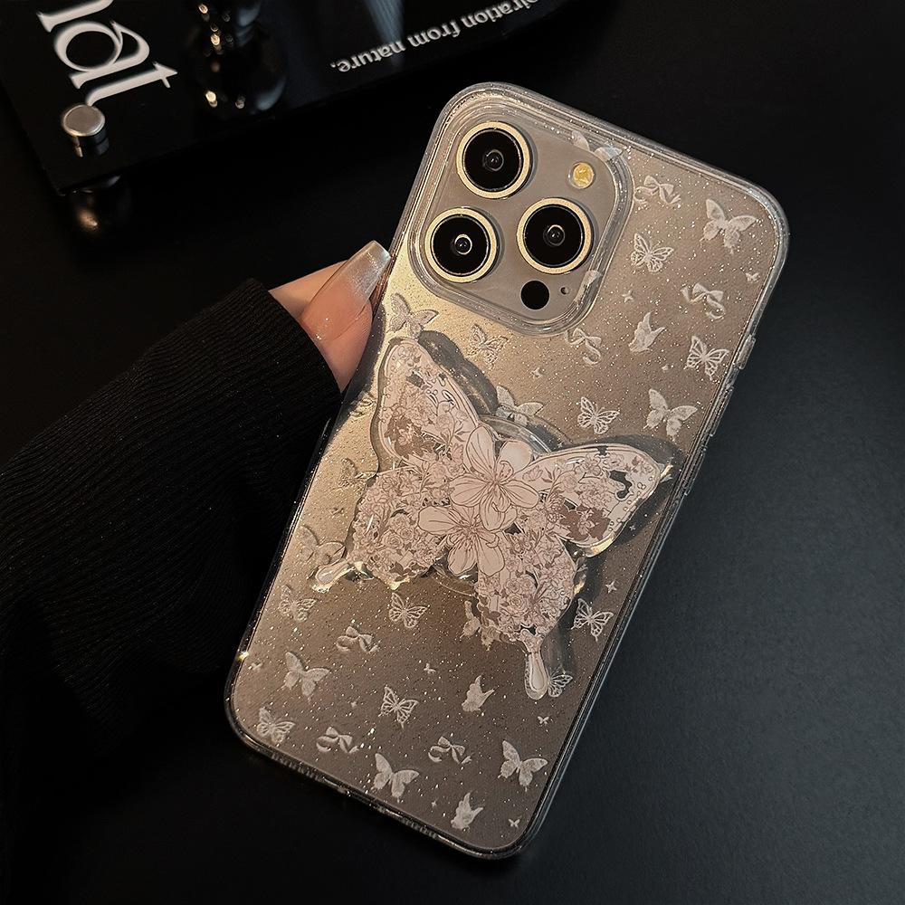 Temperament Ins White Butterfly Stand Apple 16 Mobile Phone Case 15 Glitter Powder Iphone14pro Max Suitable for 11 Fairies