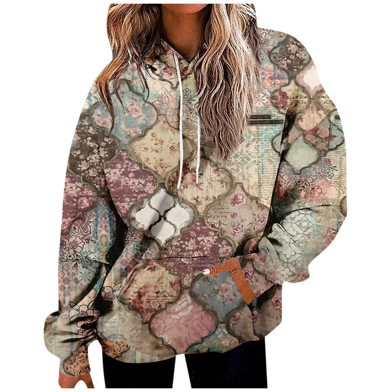 Женская повседневная мода винтажный принт длинный рукав пуловер с капюшоном топ XXXL — фото 3