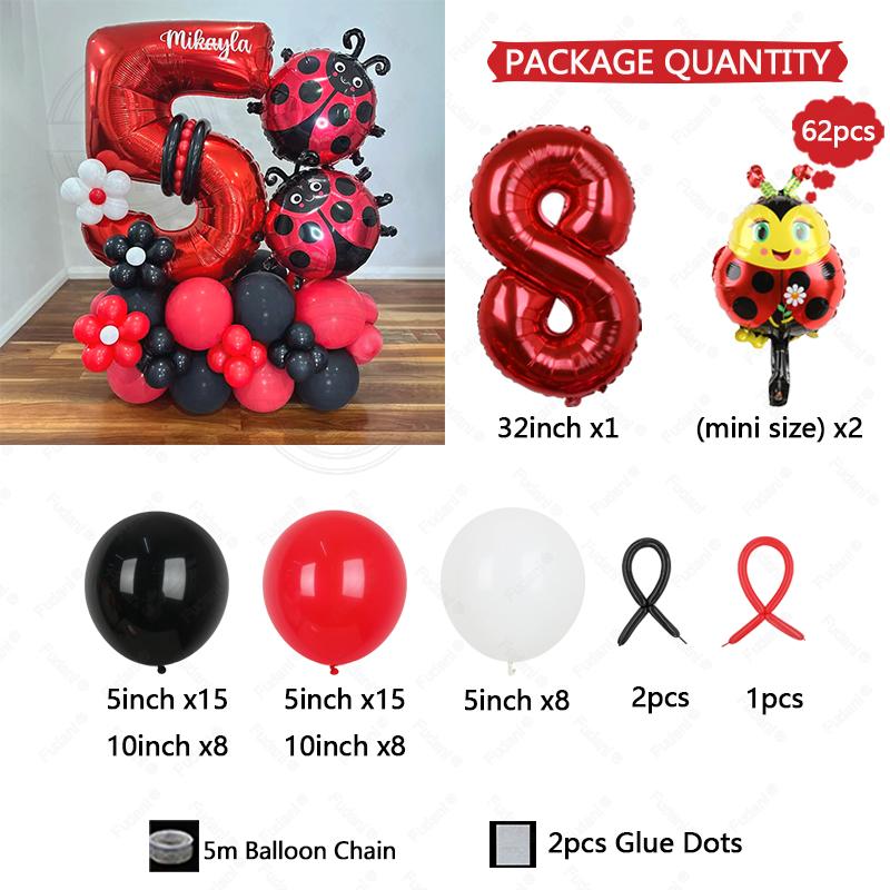 62pcs LadyBug Foil Balloons Garland Arch Kit Red Number Foil Ballon 1-9 Black Dot Happy Birthday Banner Party Decors Air Globos