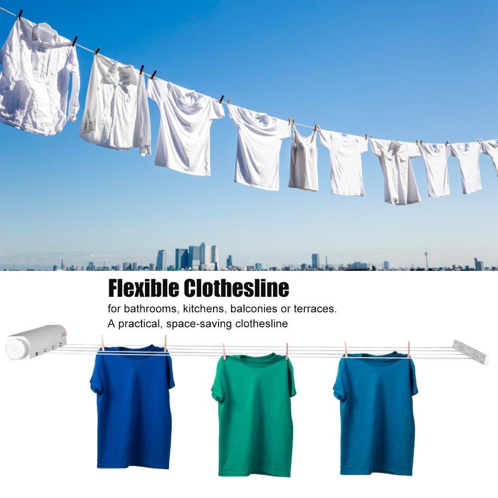 White Retractable Clothesline Punch Installation Laundry Drying Line Balcony Bathroom Laundry Room
