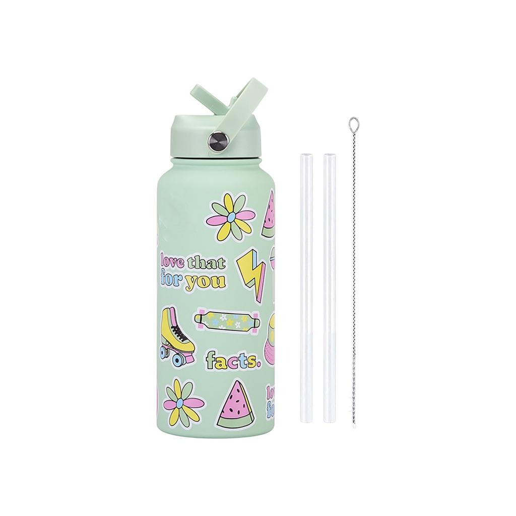 Sports Kettle Stainless Steel 1L Large Capacity Printed Large Mouth Insulated Cup Portable Handle Straw Water Cup