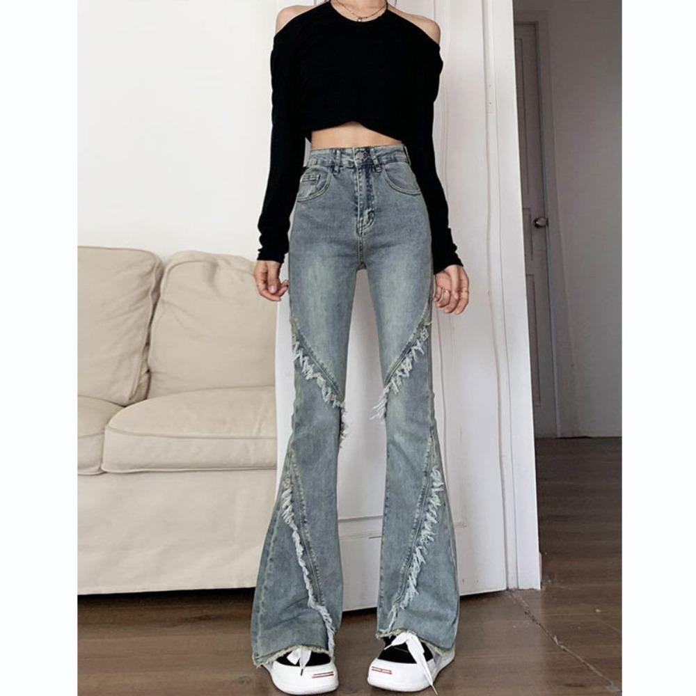 Personalized Versatile Rough Edge Splicing Micro-pull Jeans Women's Spring and Autumn New Slim-fitting High-waisted Horseshoe Pants Tide