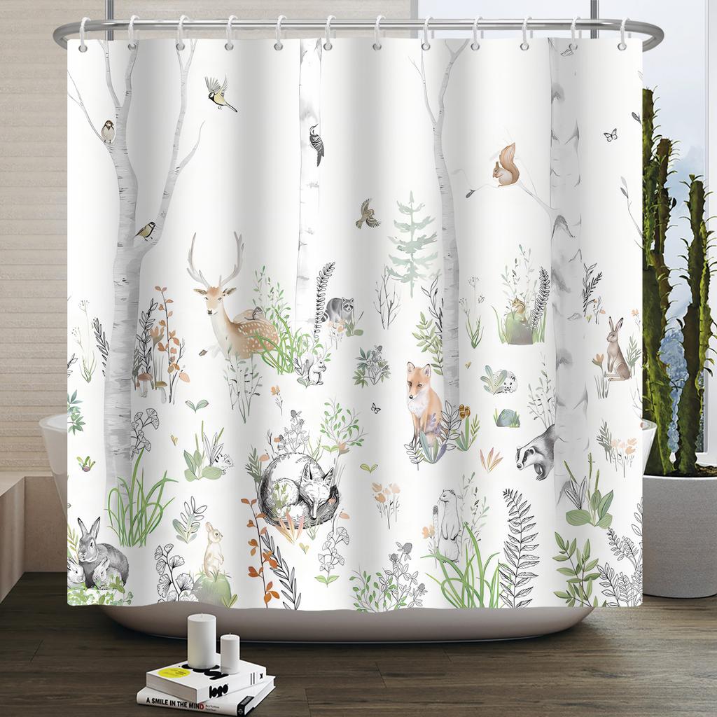 Rlsgjlkjk Forest Animals Shower Curtain Jungle Trees Plant Wildlife Bird Bear Fox Deer Modern Minimalist Bathroom Shower Curtain