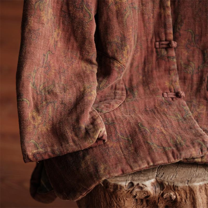 Retro Literary Chinese-Style Stand-Up Collar Frog Button Loose Cotton Coat for Women