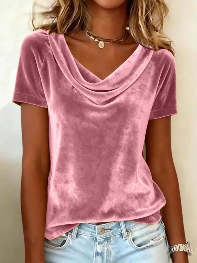 Moda Transfrontaliera 2026: T-shirt da donna in velluto a tinta unita con colletto a balze e maniche corte
