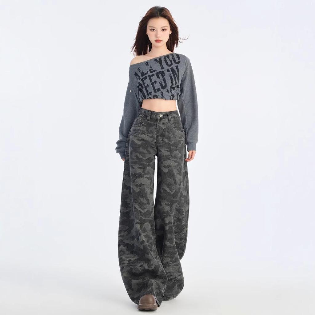 American-Style High-Waist Camo Jeans: Women's Wide-Leg, Slimming, Loose-Fit Pants for Spring 2025