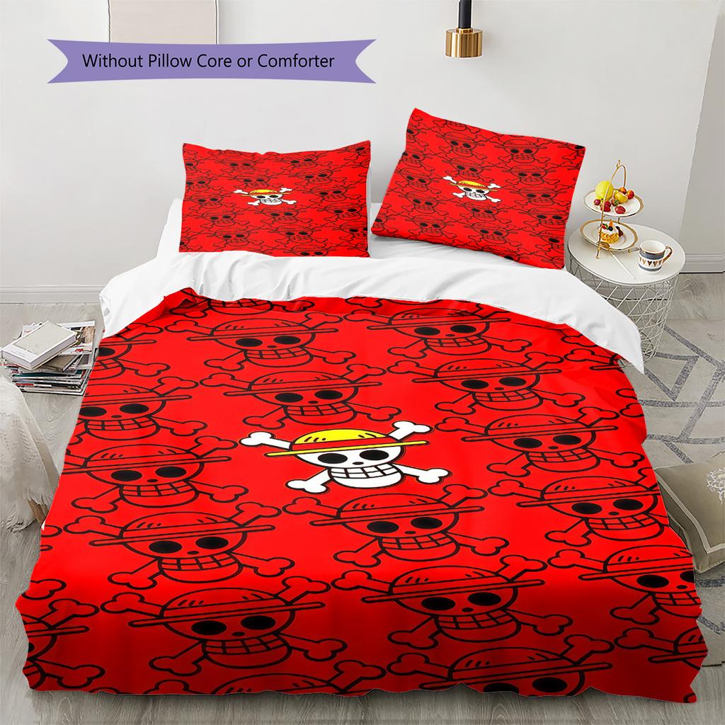 One Piece Straw Hat Pirates Pattern Bedding Quilt Set Quilt Cover Pillowcase Home Birthday Gift(1 * Duvet Cover + 2 * Pillowcase, Without Core)
