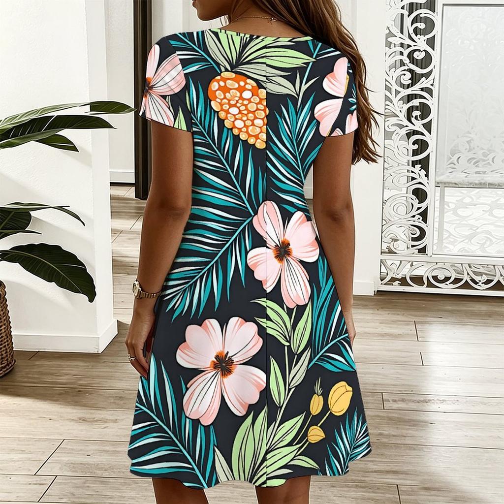 Women V Neck Watercolor Hydrangea Printed Plus Size Summer Loose Dress