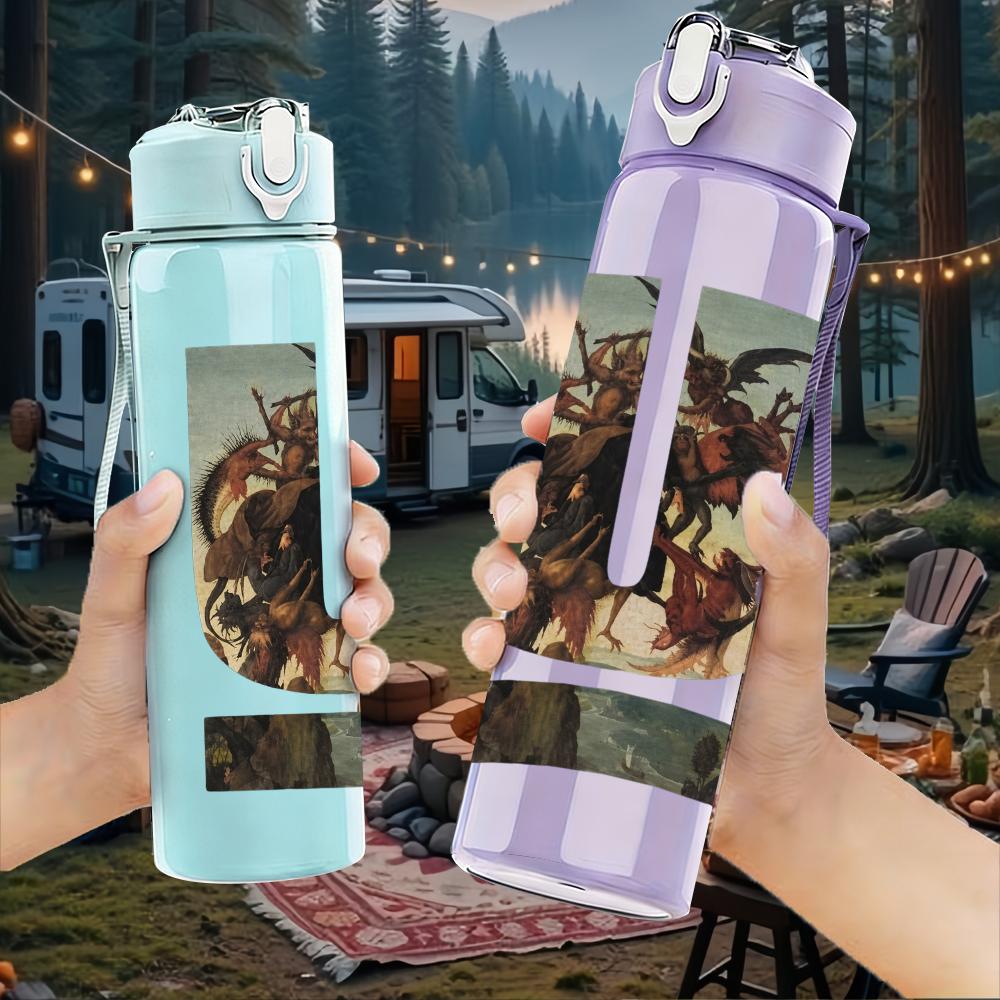 1PC Vertical U Shape Band Graphic Print 750ml Colorful Plastic Sports Water Bottle Leakproof Pop Lid with Straw for Outdoor Office Home Use