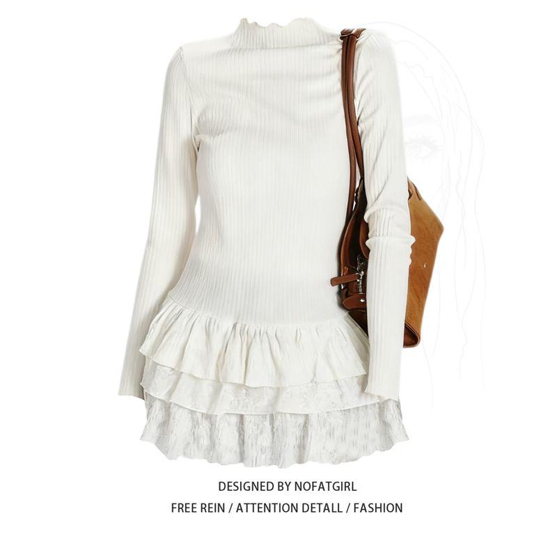 

Plus-Size Korean Style Pure and Desirable Half-High Collar Long-Sleeve Knit Top for Women, Autumn and Winter Lace Layered Slim-Fit Base Shirt Top 2XL
