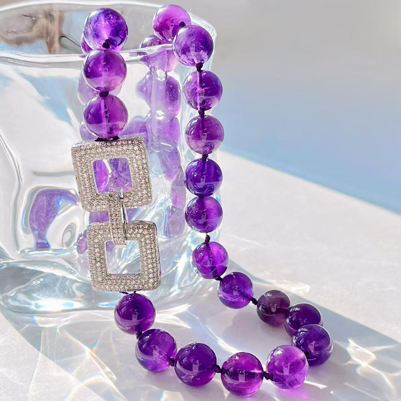 Vintage High Quality 10Mm Natural Amethyst Basic Necklace Collarbone Chain