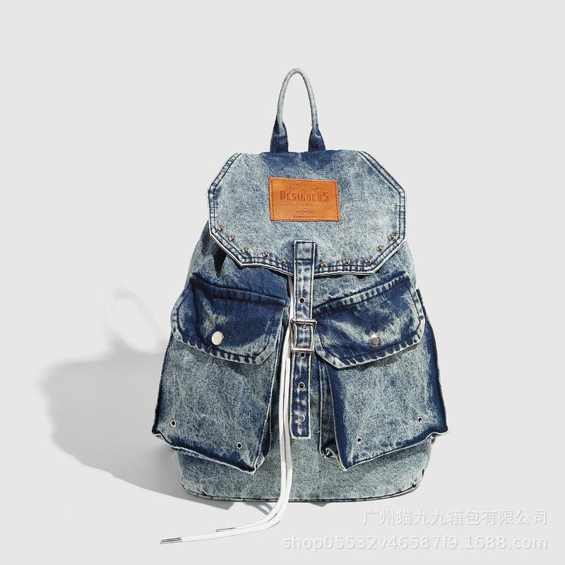 Large-capacity Double-shoulder Backpack, Washable Denim, Retro Niche Design Women's Bag
