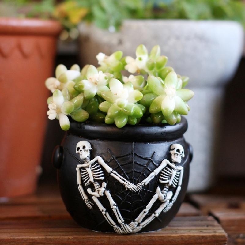 Gothic Succulents Planter, Halloween Skull Cauldron Pot In Resins for Table Decors, Small Flower Container for Shelf and Window Display