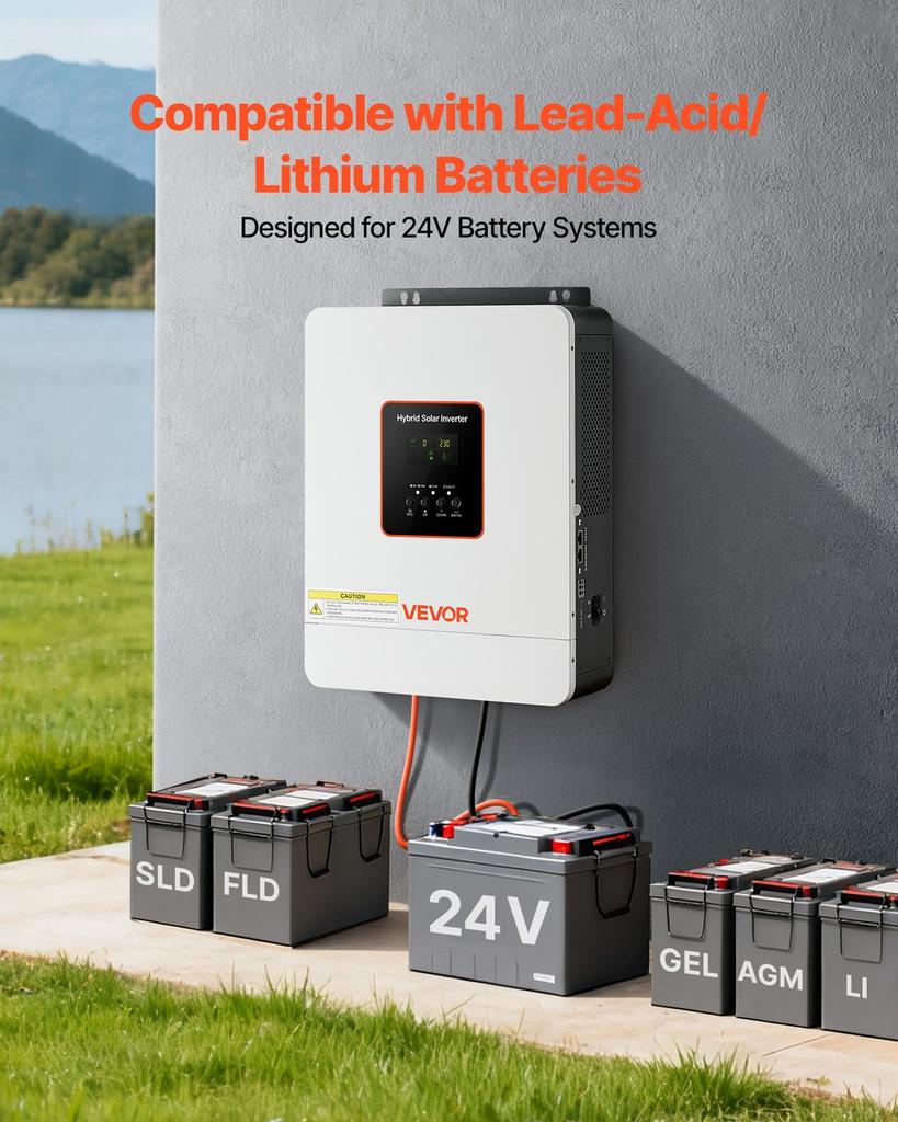 Inverter Solare Ibrido 3000W, da 24V CC a 230V CA, Inverter di Potenza Caricabatterie a Onda Sinusoidale Pura, Controller Solare MPPT 80A Integrato, Compatibile con Piombo-Acido