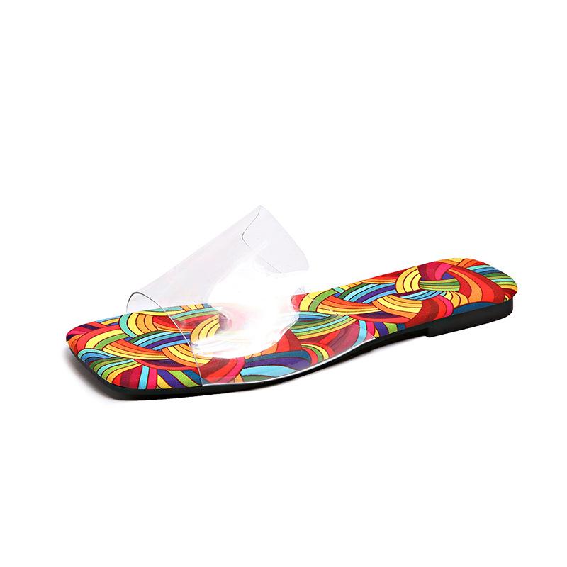 Slippers Casual Square Toe Rhinestone Shoes Flat-bottomed Flip-flops In One Line
