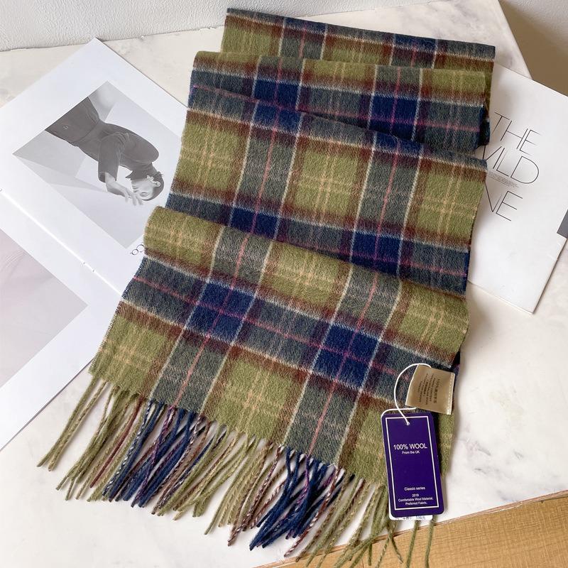 Green Pure Wool Plaid Thickened Warm Scarf Men's and Women's New Winter Couple Scarf Advanced Sense