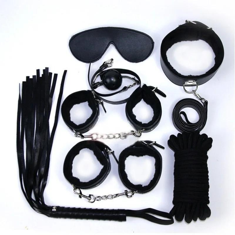 Bondage 7-Piece Set Restraint Handcuffs Sex Game Whip Gag Nipple Clamps Erotic Sex Accessories Sex Toys for Adults Couples