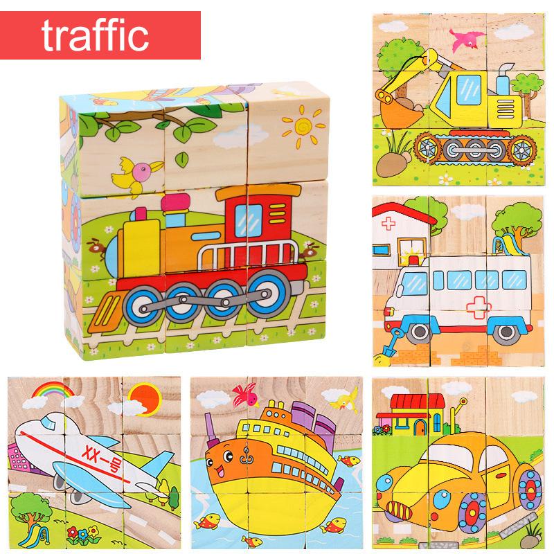 Quebra-cabeça de Madeira Seis Lados Pintados Tridimensional Trânsito Animal Quebra-cabeça Blocos de Construção Brinquedos Montessori de Educação Infantil TMZ