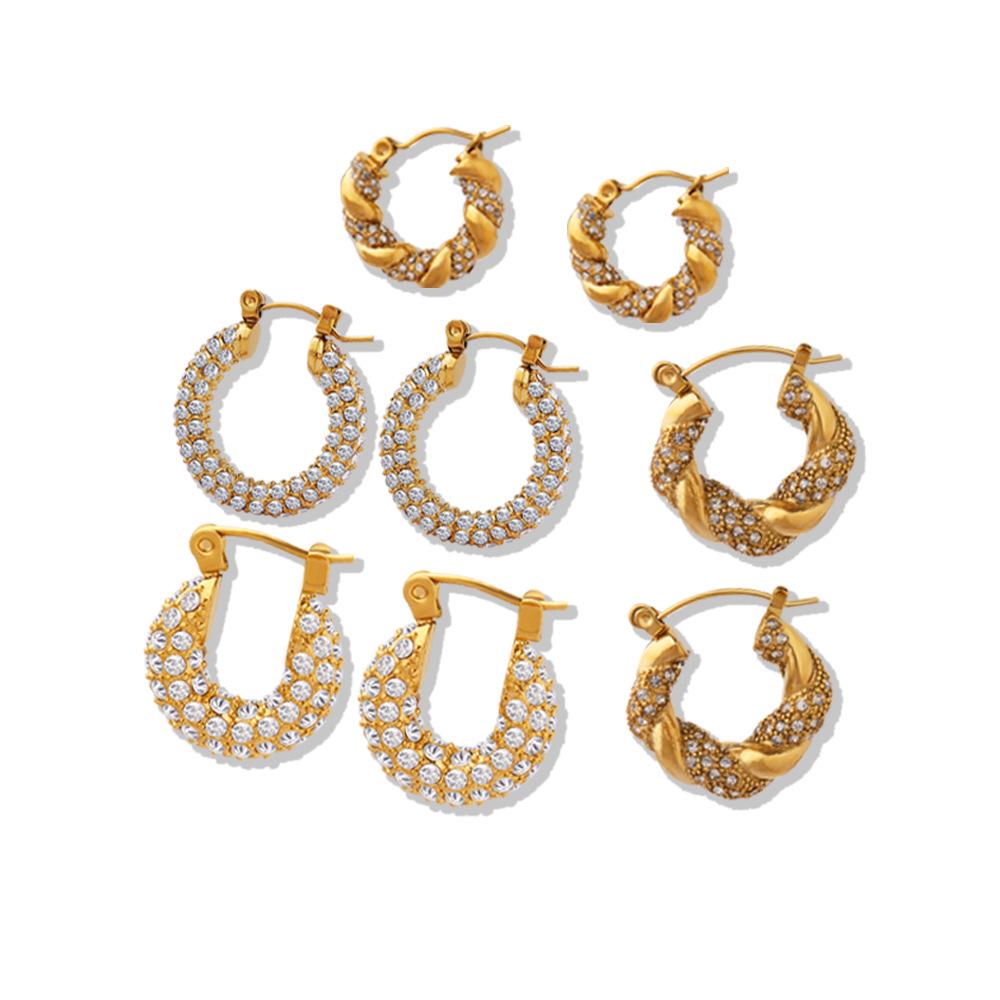 Light Luxury Retro Titanium Gold U-Shaped Rhinestone Geometric Earrings for Women