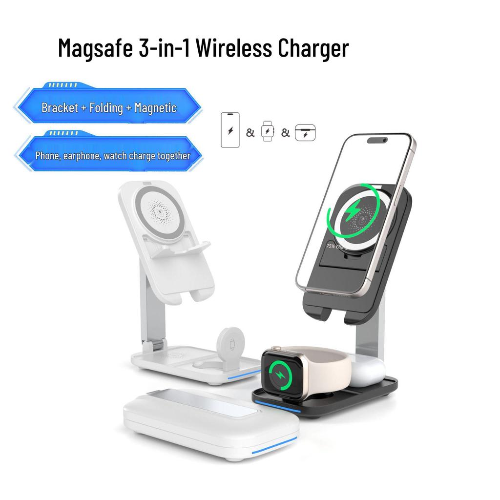 Foldable 15W Magnetic Wireless Charger: 3-in-1 Multifunctional Charging Station for Apple Devices.