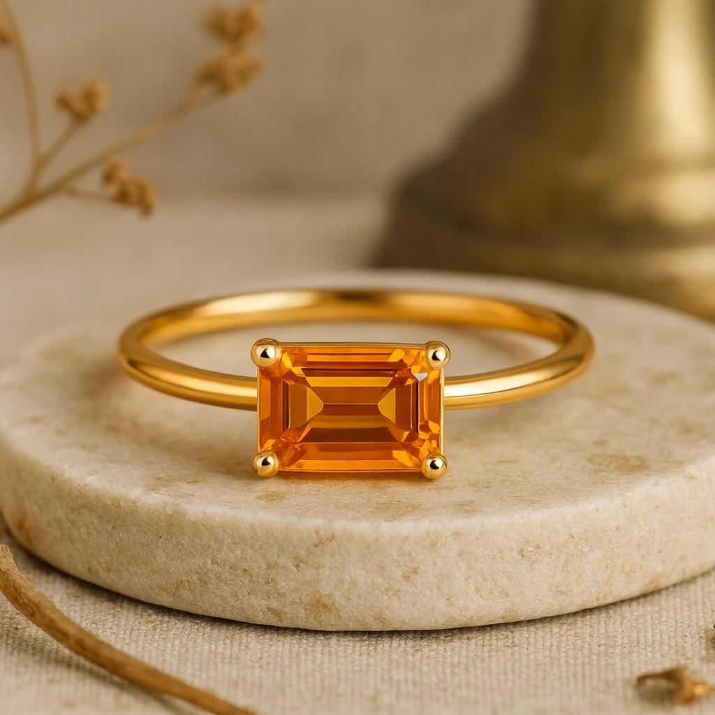 

Emerald Cut Citrine Gemstone Ring, Yellow Gold Plated 925 Sterling Silver, Solitaire Bridal Jewelry, Anniversary Gift for Her Q розовый