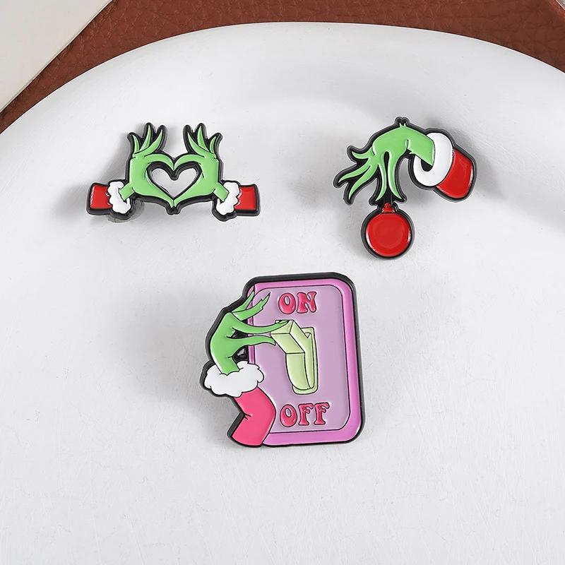Green Monster Heart Hands Enamel Pin Animated Characters Merry Christmas Brooches Lapel Badge Fashion Jewelry Gifts for Friends
