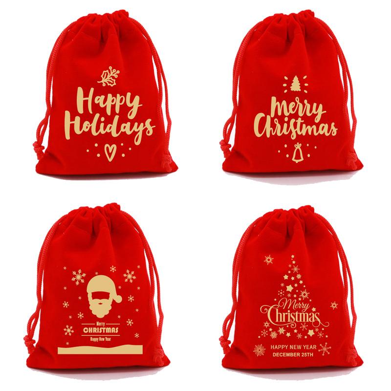 5Pcs Merry Christmas Velvet Bags Green/Red/Blue Drawstring Pouch Candy Gift Bag Jewelry Packaging Bags Xmas New Year Supplies