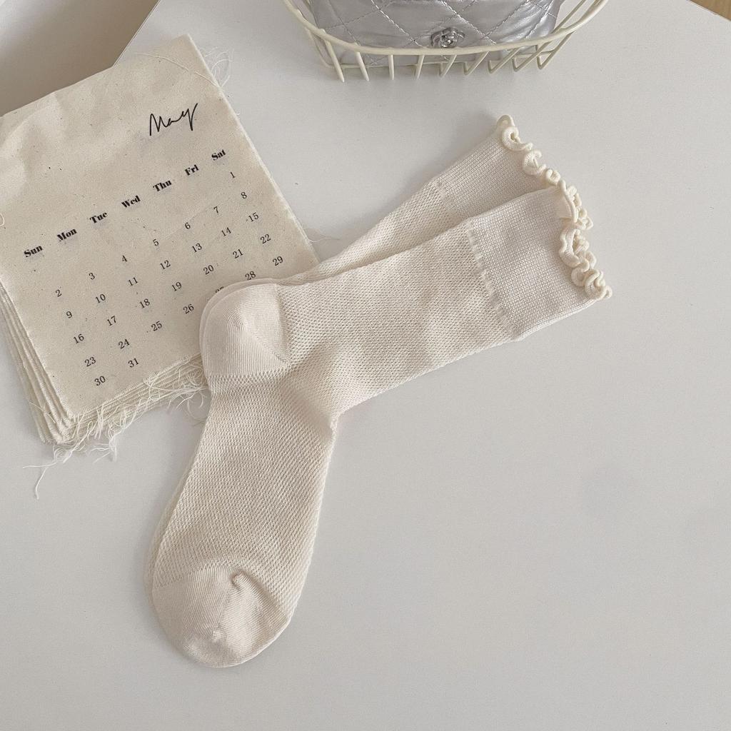 Solid Color Piled Socks With Fungus Edge, Versatile, Simple And Comfortable Mid-Leg Socks, Breathable And Thin Summer Stockings