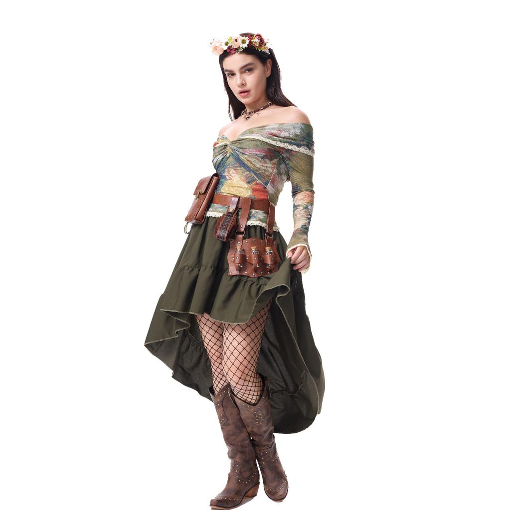 Damenkostüm Schulterfreies Oberteil Unregelmäßiger Rock Vintage-Outfit mit Dekoration