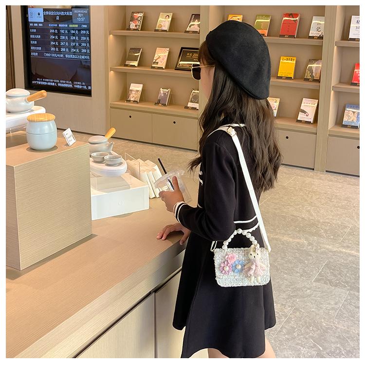 New Girls' Pearl Tweed Handbag: Trendy Little Flower Princess Crossbody Bag
