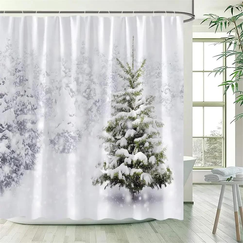 Winter Snowy Forest Shower Curtains Pine Tree Deer Snowflake Xmas Christmas Holiday Rustic Farmhouse Bathroom Decor With Hooks