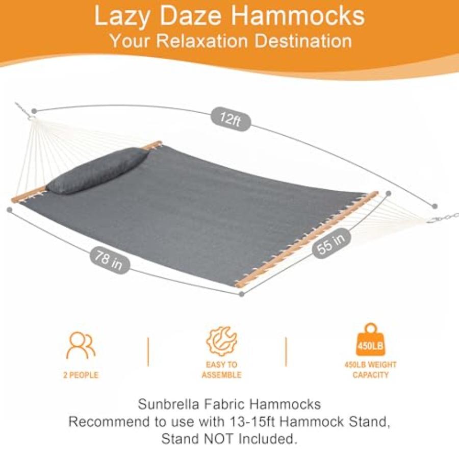 12 FT Sunbrella Fabric Hammock with Spreader Bars and Free Pillow for Patio Yard All Weather and Fade Resistant Cast Slate Fits