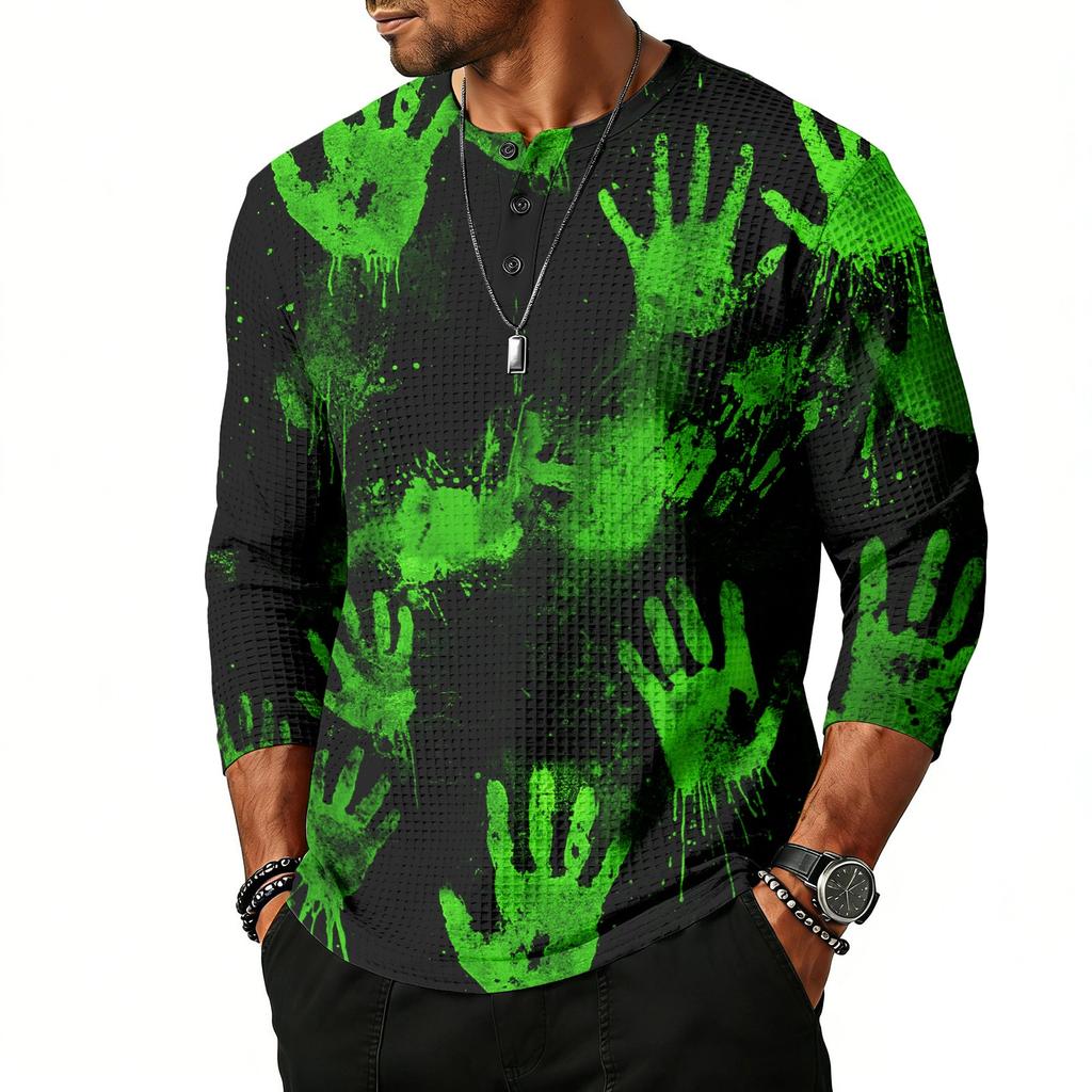 Men's Casual Halloween Print Henley Shirt Raglan Three Quarter Sleeve Top Lightweight Breathable Fabric Comfortable Fit